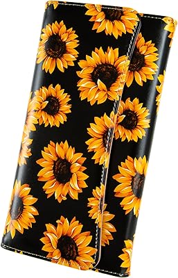Womens Wallet Leather RFID Blocking Trifold Ladies Purse long Clutch Credit Card Holder Phone Checkbook Organizer Black Sunflower