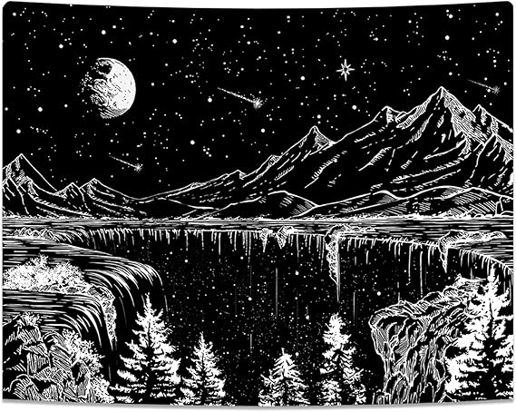 Simpkeely Black and White Tapestry Starry Night Tapestry Mountain Moon Stars Wall Hanging Tapestries for Bedroom Living Room - 130cm x 150cm