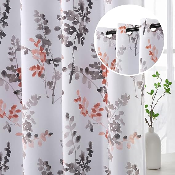 H.VERSAILTEX Blackout Floral Curtains 95 Inches for Living Room, Grey/Coral