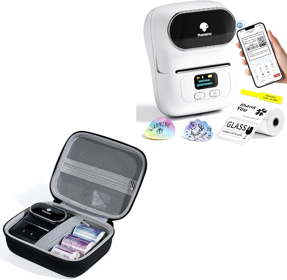 Phomemo M110 White Label Printer with Black Label Maker Case