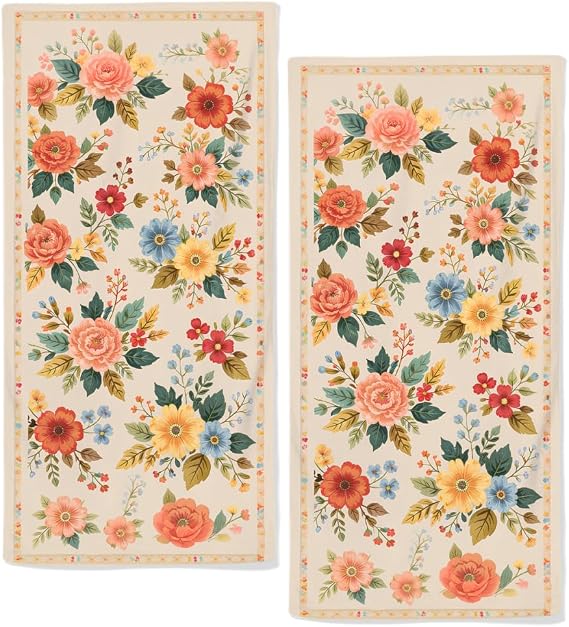 Boho Floral Hand Towels for Bathroom, 2 Packs Spring Summer Mid Century Fingertip Towels 28.7 x 13.7 Inches Decorative Abstract Botanical Floral Dish Towels for Home Spa Gym Decor