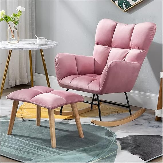 Nursery Rocking Chair Upholstered Glider Rocker Rocking Accent Chair with Footstool,Velvet Relaxing Recliner High Back Armchairs for Living Room Bedroom (Pink)