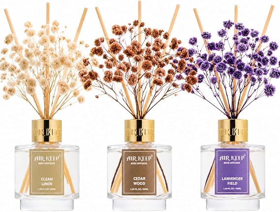 Airkeep Reed Diffuser Set of 3,Clean Linen Cashmere Vanilla Lavender Garden Oil Reed Diffusers for Bedroom Living Room Office Aromatherapy Oil Reed Diffuser for Gift 50ml x 3