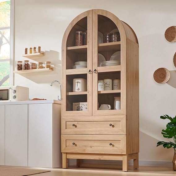 IFGET 71" Tall Arched Kitchen Pantry, Kitchens Storage Cabinets, Natural | Modern Farmhouse Wood Pantry w/2 Large Drawers and Adjustable Shelves, Versatile Cupboard for Kitchen, Dining Room, Bathroom