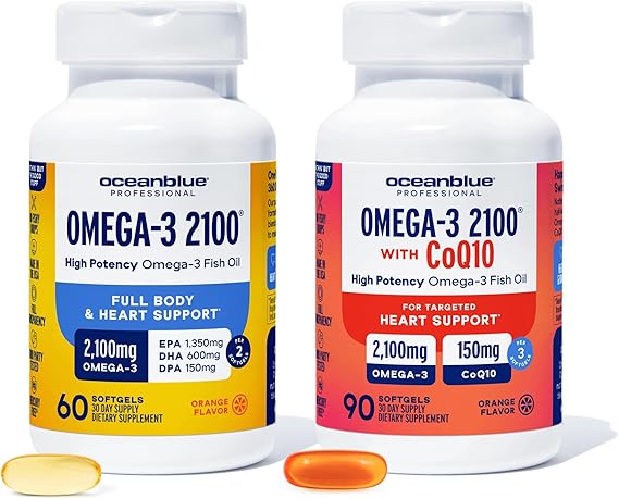 Oceanblue Omega-3 2100 Bundle CoQ10 90ct  Triple Strength 60ct High-Potency EPA, DHA & DPA Heart & Brain Support Orange Flavor, Burpless Fish Oil - 2 Pack