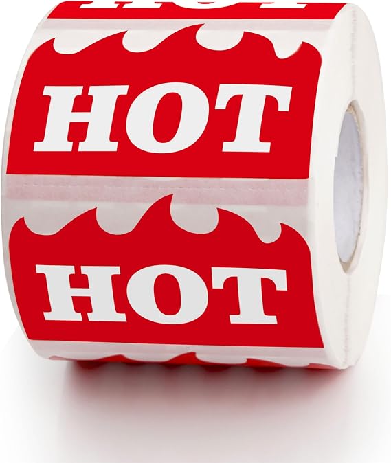 600 PCS Hot Stickers, Bright Red Hot Flame Shape Labels 2 x 1-1/5 Inch, High Contrast Fire Shaped Sticker for Restaurant, Supermarkets, Shops, Convenience Stores, Coffee Shops & Food Establishments