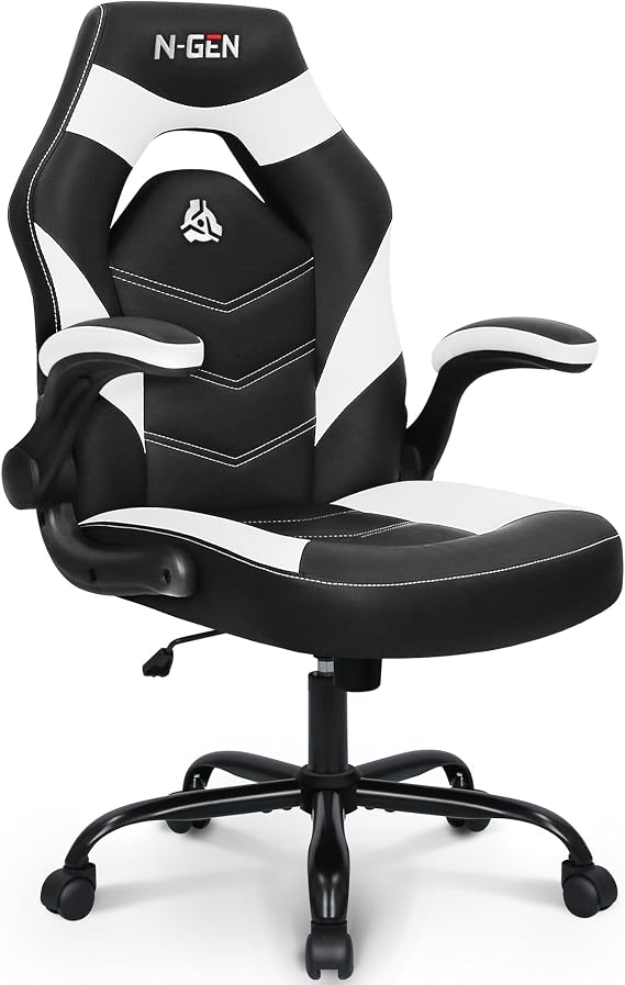 N-GEN Gaming Gaming Chair, Lumbar, PU Leather, Flip-Up Arms, White