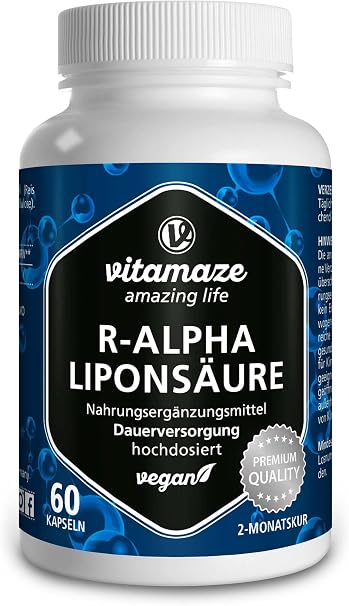 R-Alpha Lipoic Acid High Dosage 200 mg per Capsule Vegan 2 Month Treatment Natural Form of Thioctic Acid Quality Product Bioactive Dietary Supplement without Unnecessary Additives Made in Germany