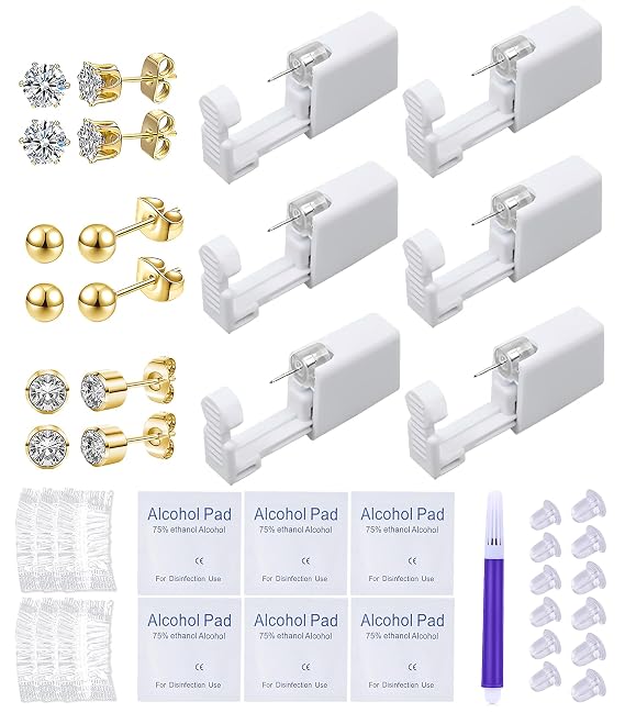 VitaCool Ear Piercing Kit Disposable Ear Cartilage Piercing Gun 3mm Studs | with Gold Sterile CZ Studs Easy and Safe Earring Self for Yourself Use at Home(Gold Mixed Patterns 3mm)