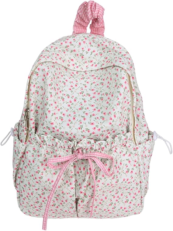 Cute Aesthetic Bow Backpack for Women Kawaii Floral Print Preppy College Book Bag Trendy Coquette Laptop Daypack
