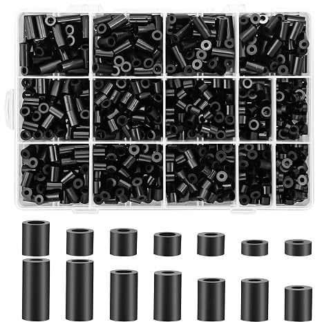 Nylon Round Spacer 1000Pcs, Unthreaded Fits M3 M4 Screws for Outlet Switch | Black Nylon Material | Unthreaded Design | Assorted Size Kit | Wall Receptacles, Home Electrical Mounting & Wiring Repair