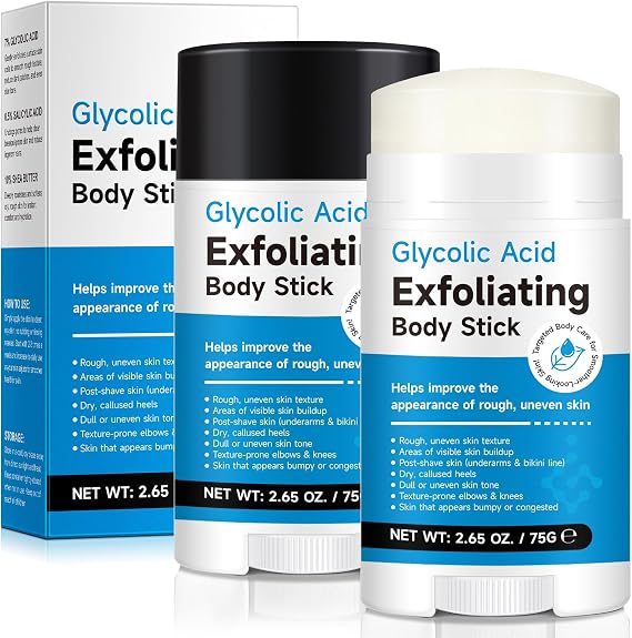 Exfoliating Body Stick with AHA 7% + BHA 0.5% — 2 Pack Smooth & Soft Skin Formula — Solid Non-Messy Texture — With Shea Butter for Nourishing Care — For Arms, Legs, Underarms & Rough Areas