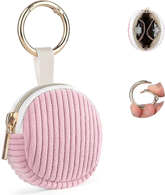 Ring Holder Keychain, Corduroy Jewelry Holder Storage with Ring Buckle, Portable Mini Travel Jewelry Keeper Case for Earrings, Rings, Necklaces (Pink)