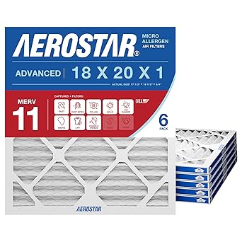 Aerostar 18x20x1 MERV 11 Air Filter, 6 Count, ACTUAL SIZE 17.50 x 19.50 x 0.75, HVAC, Air Conditioning & Furnace Filter for Dust, Pet Dander, Smoke & Allergies MPR 1200 / FPR 7, Made in USA