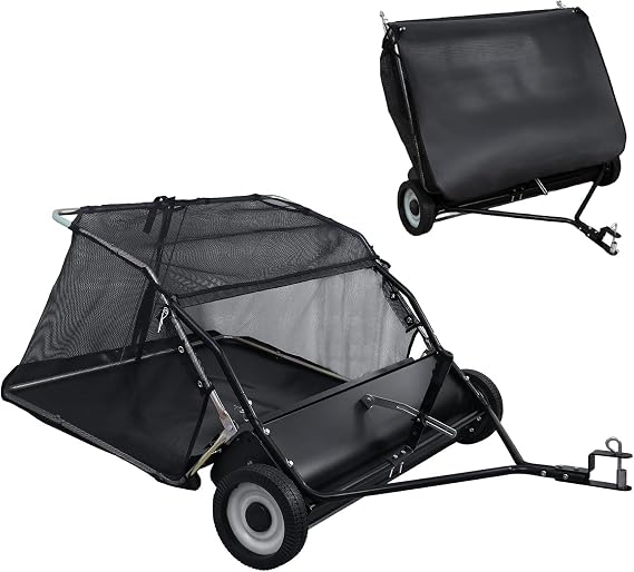 44-Inch Tow Behind Lawn Sweeper - Pull Behind Lawn Sweeper | Heavy Duty Leaf Sweepers Adjustable Height & 25Cu Ft Hopper Tractor Attachment with Dump Rope & Rubber Wheels Black