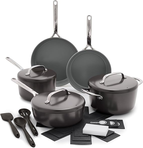 GreenPan GP5 Hard Anodized Healthy Ceramic Nonstick 14 Piece Cookware Pots and Pans Set,Heavy Gauge Scratch Resistant,Stay-Flat Surface, Induction, Mirror Finish Handle,Oven Safe,PFAS-Free,Cocoa