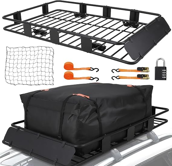 Rooftop Cargo Basket 64" x 39" Steel Universal Roof Rack Basket with Cargo Carrier Bag,Roof Rack Accessories,Adjustable to 48"x 39",200 Lbs Capacity,Car Roof Basket for SUV, Truck,Vehicle