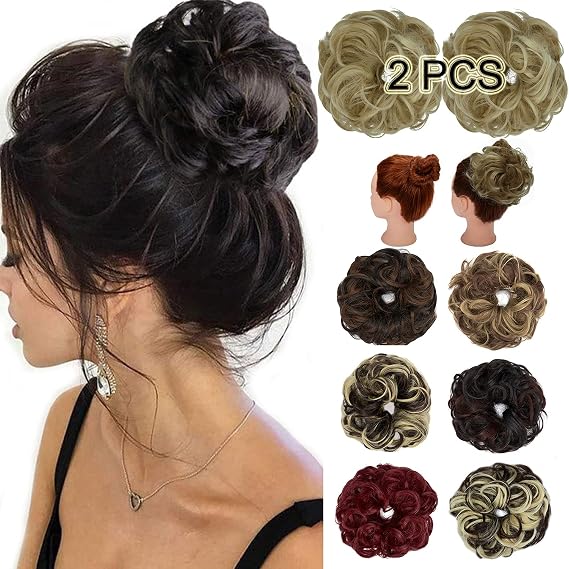 2PCS Messy Hair Bun Extensions Hair Bun Scrunchies Wavy Curly Synthetic Chignon for Women Updo Hairpieces