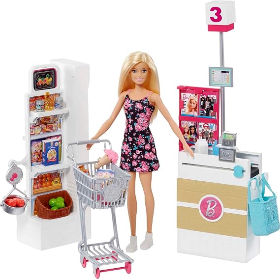 Barbie Doll with Blonde Hair and Grocery Store themed Accessories