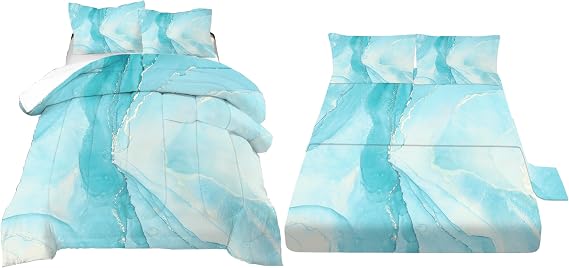 Aqua Blue Marble Bedding Set Twin Size Bed in a Bag Blue Silver Glitter Marbling Comforter Set with Sheets for Teen Girls
