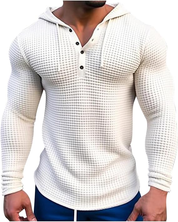BIVENANT Mens Hoodies Casual Long Sleeve Drawstring Waffle Knit Hooded Sweatshirt Muscle T Shirts Gym Workout Pullover Tops