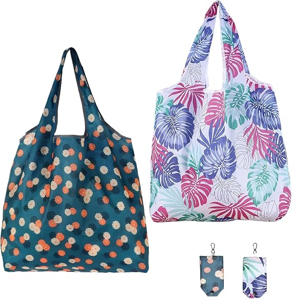 2-Pack Foldable Reusable Grocery Bags – Large Eco-Friendly Totes with Handles for Shopping & Travel