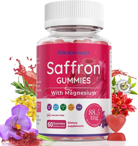 Saffron Gummies with Saffron 88.5mg + Magnesium Glycinate 300mg | Max Strength Saffron Supplements with St. John's Wort, L-Theanine, Rhodiola, Rosemary - Supports Mood & Focus