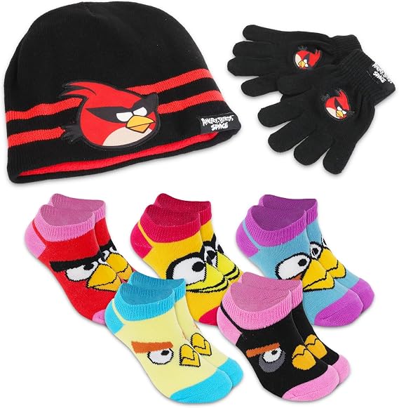 Angry Birds Girls 衣類セット - ソックスサイズ4~6、冬用帽子とミトン 5足