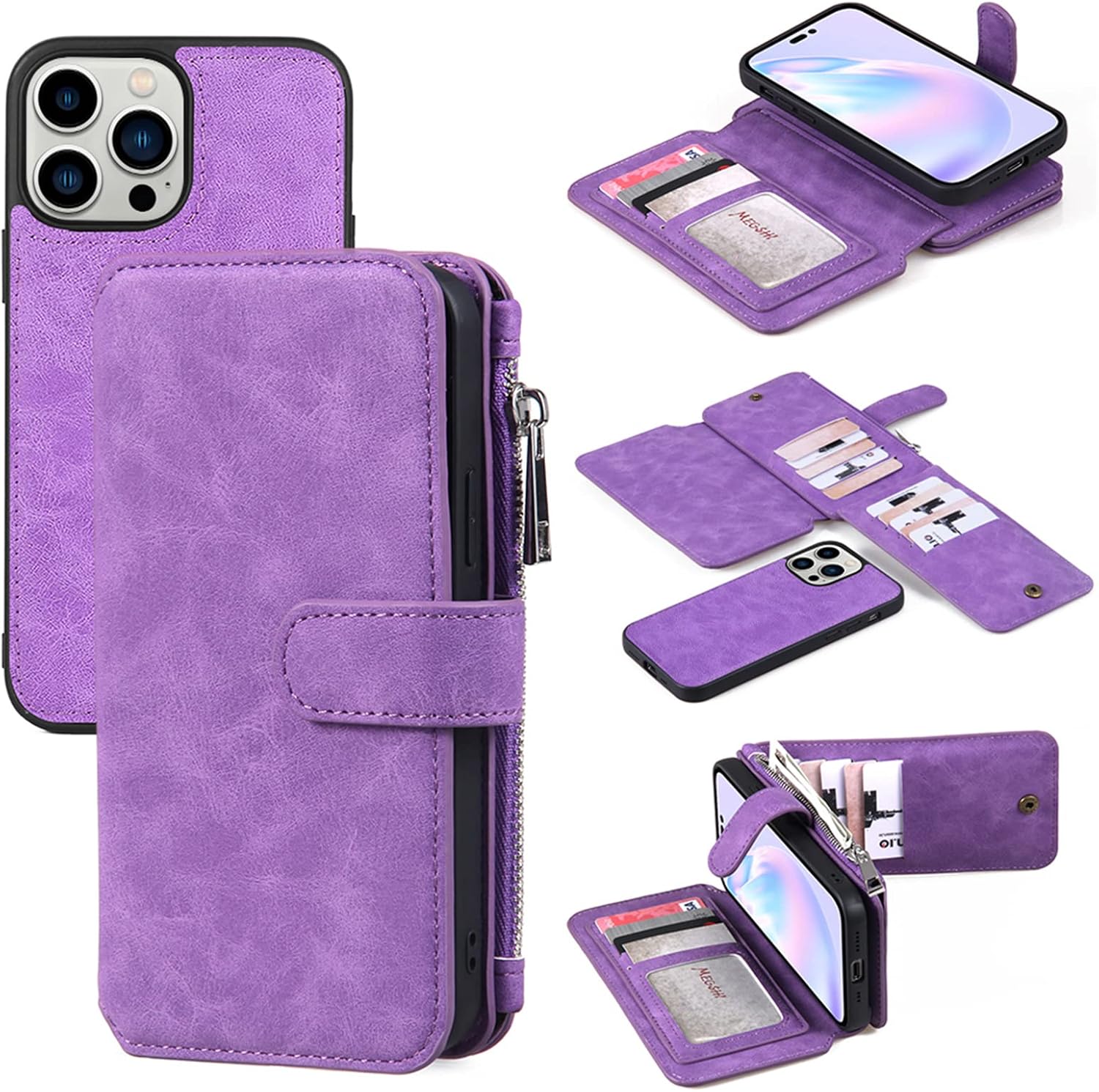 Soyeacrg Case for iphone14ProProMaxPlus,Multi-Function Wallet Retro Leather Case,2 in 1 Detachable Magnetic Durable PU Leather Magnetic Flip Zipper Card Holder Wallet