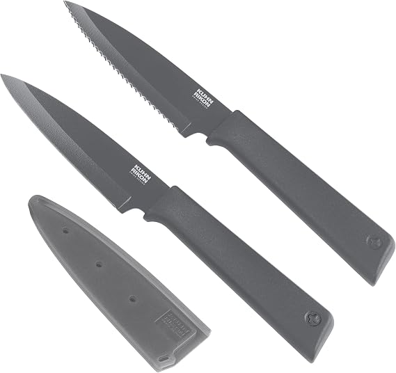 Kuhn Rikon COLORI+ Non-Stick Straight and Serrated Paring Knives with Safety Sheaths, Set of 2, Graphite Grey
