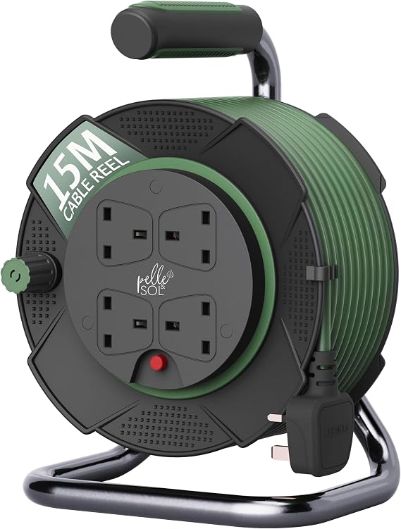 Pelle & Sol 15m Extension Lead Cable Reel with 4 Sockets - Heavy Duty 3120W Power Extension Cable with Overheat Protection for Home, Garden, DIY & Workshop Use