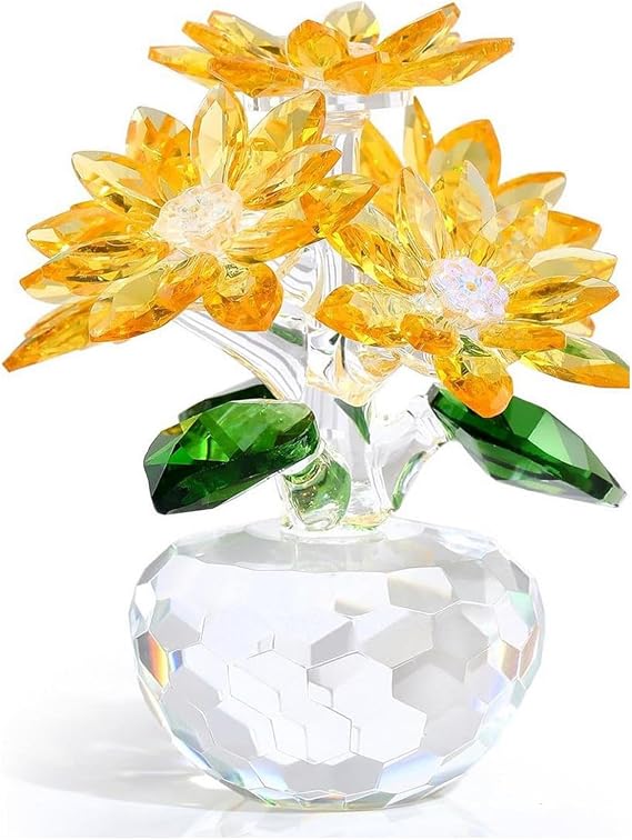 Crystal Yellow Daisy Bouquet Figurine - Premium Glass Flower Ornament with Gift Box, Mother's Day for Women, Collectible Home Decoration Anniversary Birthday Presents (Yellow)