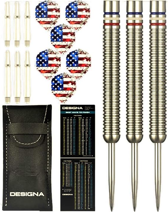 DESIGNA 22g 90% Tungsten American Flag Stars & Stripes Patriot X Steel Tip Dart Set, Red White & Blue, Flights & Shafts Included (2 Sets Each), w/Travel Case, 22 Grams
