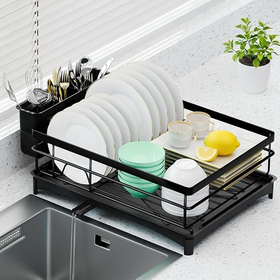 Dish Drying Rack for Kitchen Counter - Rust-Resistant Kitchen Drying Rack with Removeable Cutlery Holder, Dish Drainer Organizer with Utensil Holder for Home Kitchen for Spoons and Forks, Black