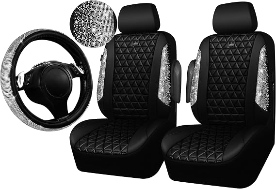 CAR PASS Bling Diamond Leather Car Seat Covers for 2 Front, Steering Wheel Cover 14.5in-15in Shining Glitter Sparkly Crystal Universal Fit Automotive Truck SUV Cute Women Girl, Black Silver Rhinestone