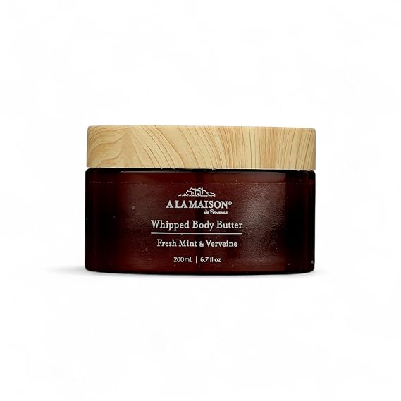A LA MAISON Whipped Body Butter Shea Butter Moisturizer with Argan, Avocado & Jojoba Oils Ultra-Rich Body Cream for Dry Skin 6.7 oz Amber Collection (Fresh Mint & Verveine)