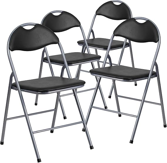 Flash Furniture Hercules Series Metal Folding Chairs with Carrying Handle, Vinyl Upholstered Padded Event Chair, Set of 4, Black