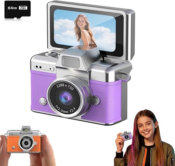 Mini Digital Camera with 1.47 in LCD Screen, 1080P Flip Screen Mini Camera with Built-in Flash & Flip Display, Portable Keychain Camera for Travel & Daily Use, with a 64GB Memory Card (Purple)