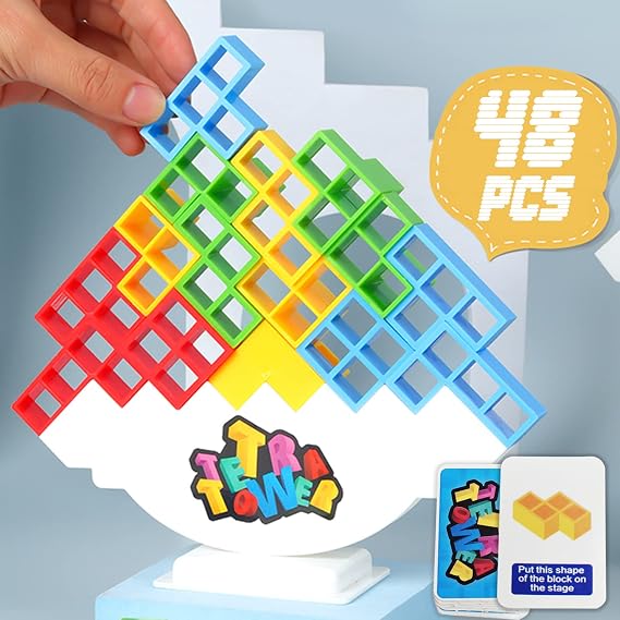 ALKISTA 48 Pcs Tetra Tower Balance Stacking Blocks Game, Board Games for 2 Players+ Family Games, Parties, Travel, Kids & Adults Team Building Blocks Toy