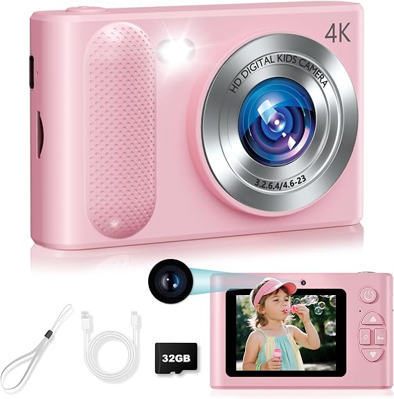 Digital Camera,48MP Kids Camera 1080P Dual Lens Cmopact Camera with Fill Light,Portable Camera with 32GB SD Card,Small Digital Camera for Kids Teens Boys and Girls,Pink