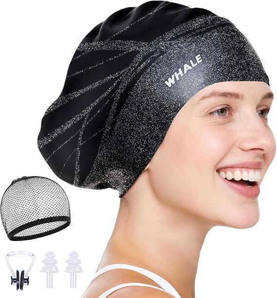 WHALE Extra Large Swim Cap Designed for Men and Women with Thick, Long Hair, Hair Extensions Or Afro-Textured Hair Long-Hair Swim Cap Highly Waterproof to Keep Hair Dry