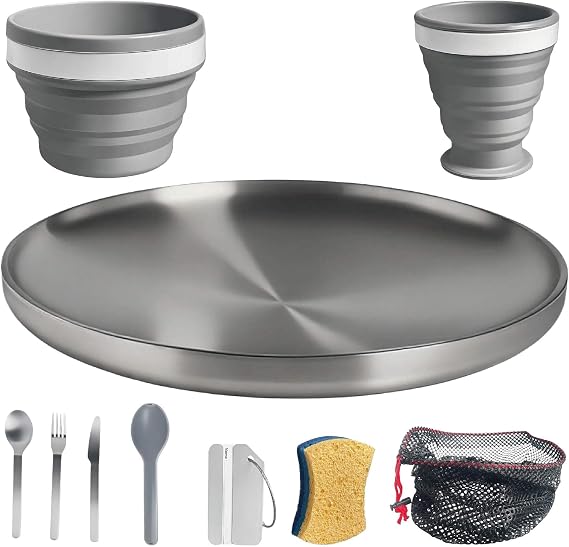 Camping Mess Kit Compact 1-Person Tableware Set with Stainless Plate, Collapsible Silicone Bowl & Cup, and Utensils, Ideal for Solo Campers, Scouts, Family Camping & Car Trips