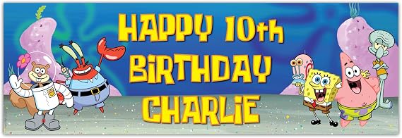 Spongebob Birthday - Spongebob Group Personalised Banner Wall Sticker (180cm Width x 60cm Height)
