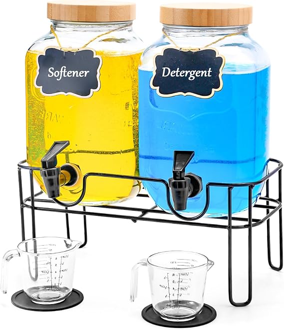 Laundry Detergent Dispenser BY VEGEVIGI, 128OZ Glass Laundry Soap Disepnser Container, Fabric Softener Dispenser, Laundry Room Organization, 2P