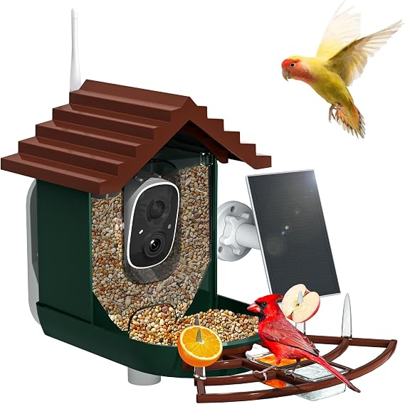 Smart Bird Feeder with Camera Solar Powered & AI Bi rd Identification, 2.4Ghz WiFi Bird feeders for Outdoors, 2K Live Video, Nstant Arrival Alerts - Dark red-Green