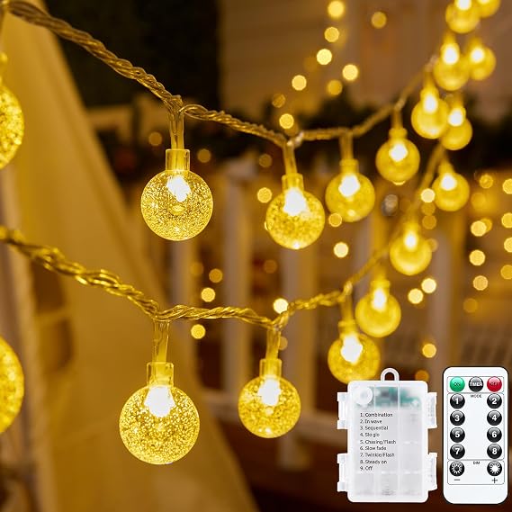 Minetom Crystal Globe String Lights Battery Operated - 17 ft 30 LED Globe Fairy String Lights with Remote, Waterproof for Indoor Bedroom Tent Loft Bed Patio Party Wedding Decor, Warm White