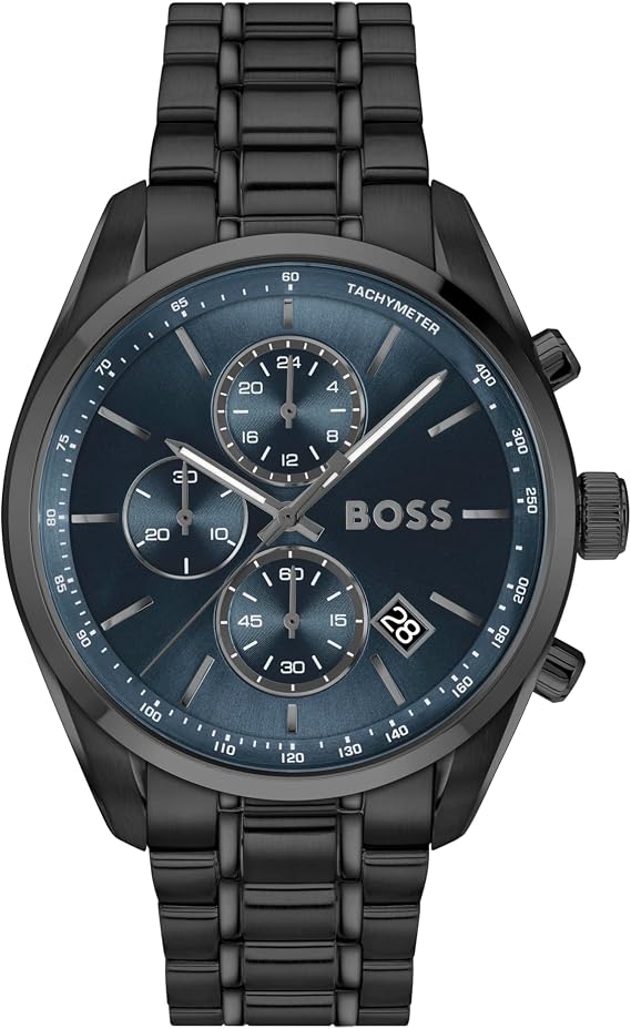 BOSS Chronograph Quartz Watch with Calendar for Men Grand Prix 44 Collection with Stainless Steel Bracelet or Leather Strap