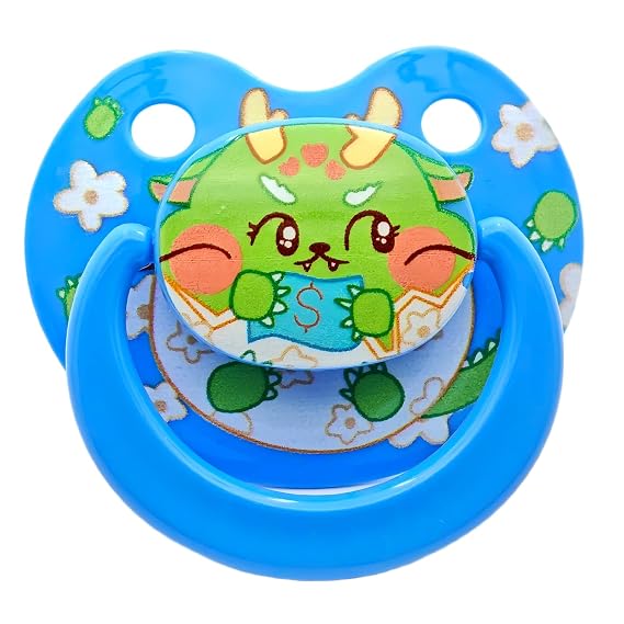 Big Shield Pacifier Set with Reusable Storage Case and Leash Clip - Cute Large Size Comfort Pacifier, Adorable Green Dragon Floral Design, Sweet Care Stress Relief Gift for Friends, Blue