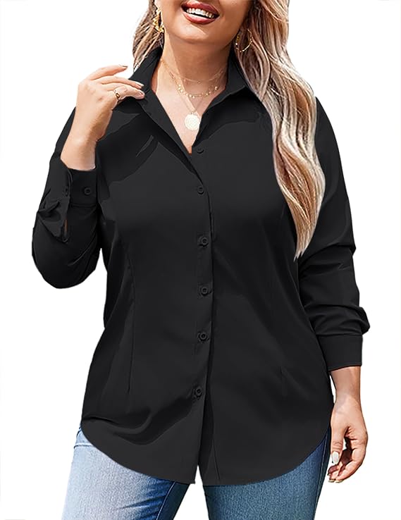 IN'VOLAND Women Plus Size Button Down Shirts Long Sleeve Office Work Blouse