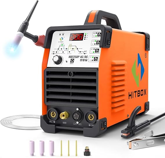 HITBOX 200A AC/DC TIG Welder 6-in-1 with Pulse & Square Wave, HF Start Aluminum TIG, MMA/Stick Welding, 220V IGBT Inverter, Dual Cooling Fan, Digital Display, Foot Pedal Compatible (HBT250P)